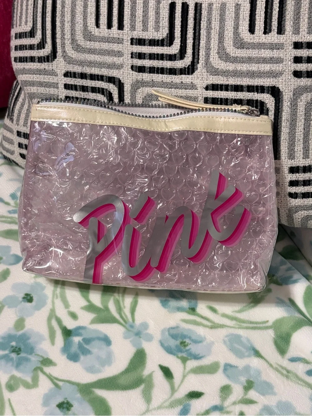 PINK Victoria's Secret Clear Bubble Cosmetic Pouch with Hot Pink Logo